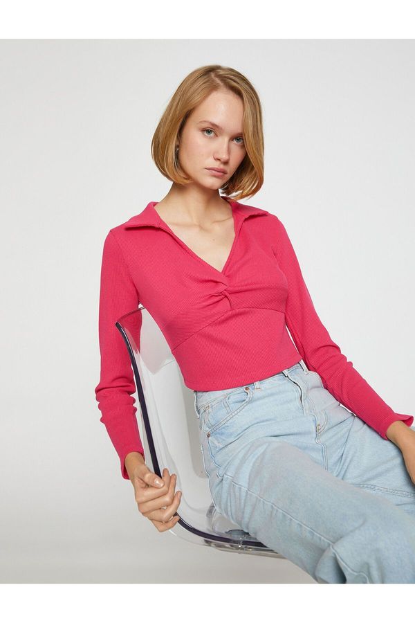 Koton Koton Polo Neck Crop T-Shirt Long Sleeve