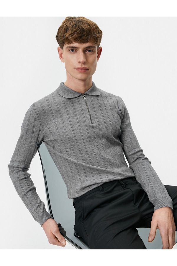 Koton Koton Polo Neck Sweater Half Zipper Slim Fit Textured