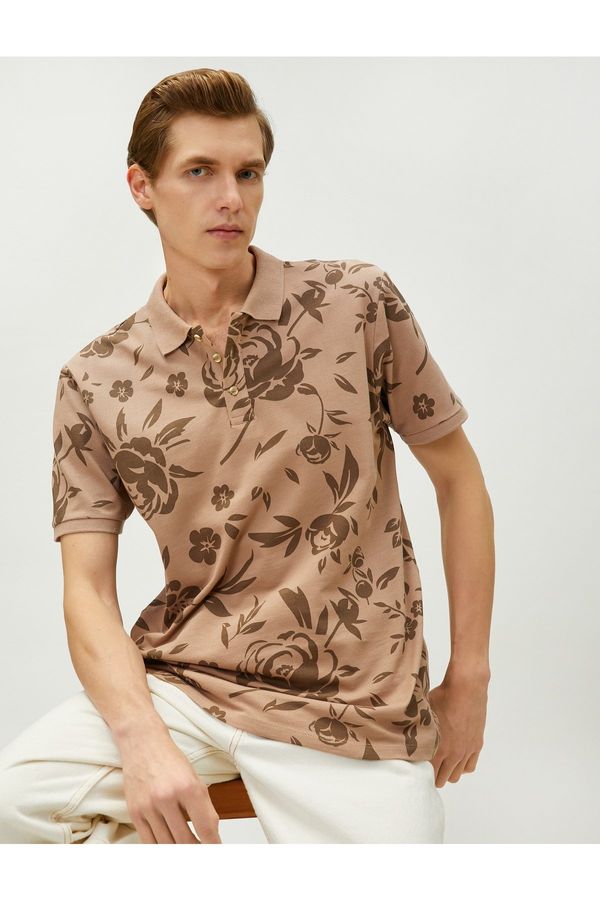 Koton Koton Polo Neck T-Shirt Floral Slim Fit Buttoned Short Sleeve