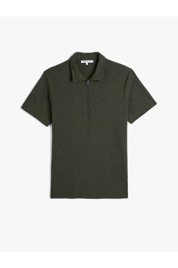 Koton Koton Polo Neck T-Shirt Half Zipper Textured Short Sleeve