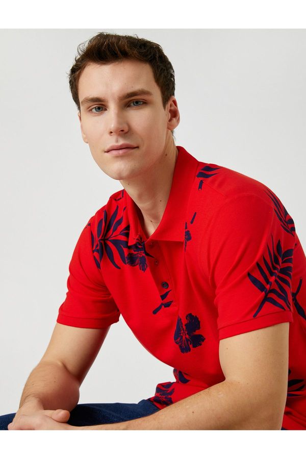 Koton Koton Polo Neck T-Shirt Leaf Printed Button Slim Fit Short Sleeve