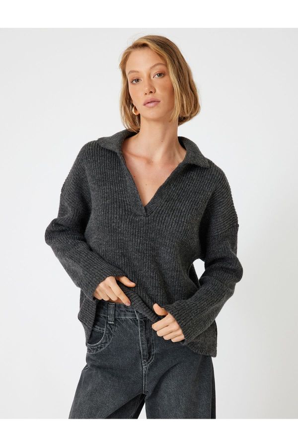 Koton Koton Polo V Neck Knitwear Oversize Sweater Long Sleeve