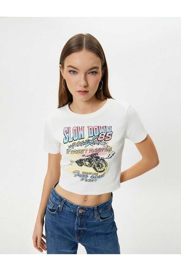 Koton Koton Printed Crop T-Shirt Short Sleeve Crew Neck Cotton