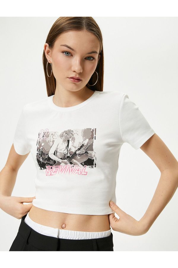 Koton Koton Printed Crop T-Shirt Short Sleeve Crew Neck Cotton