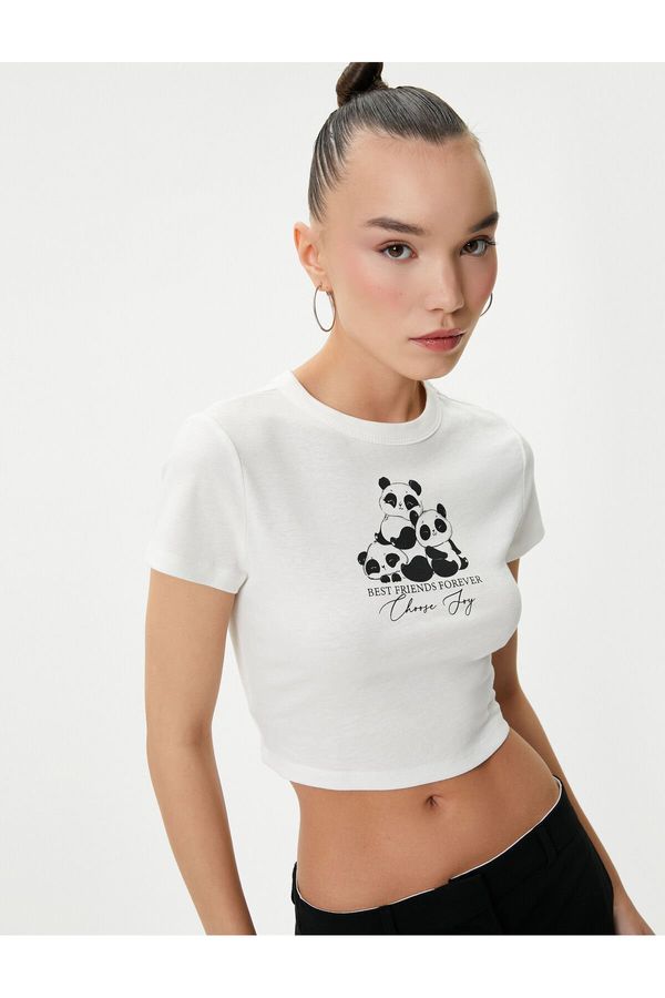 Koton Koton Printed Crop T-Shirt Short Sleeve Crew Neck Cotton Slim Fit