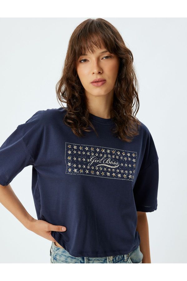 Koton Koton Printed Crop T-Shirt Staple Detail Short Sleeve Crew Neck Cotton