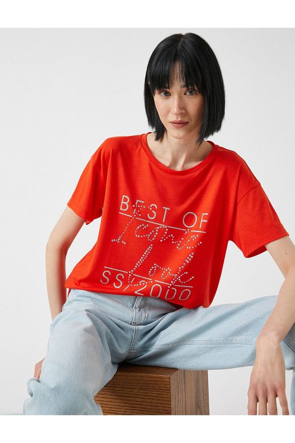 Koton Koton Printed Sequin T-Shirt Crew Neck