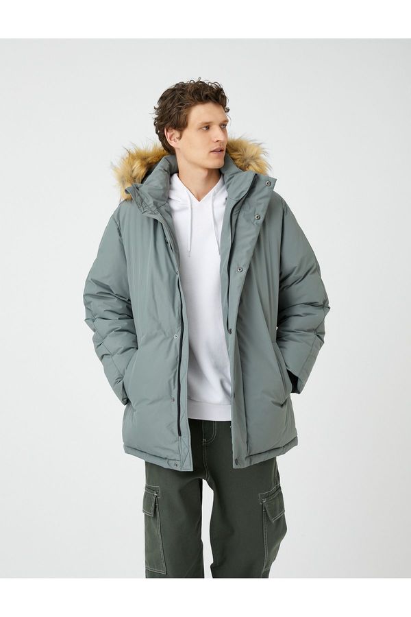 Koton Koton Puffer Coat Hooded Faux Für Detailed Zipper with Snap Buttons