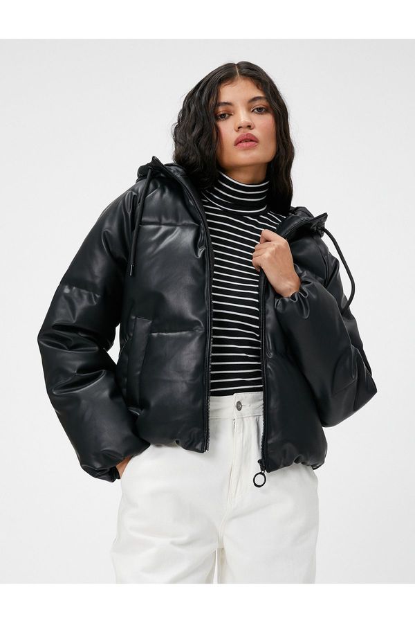 Koton Koton Puffer Coat Leather Look Hooded