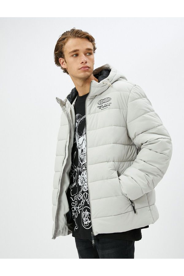 Koton Koton Puffer Jacket Hooded Zippered Slogan Printed Pocket Detailed