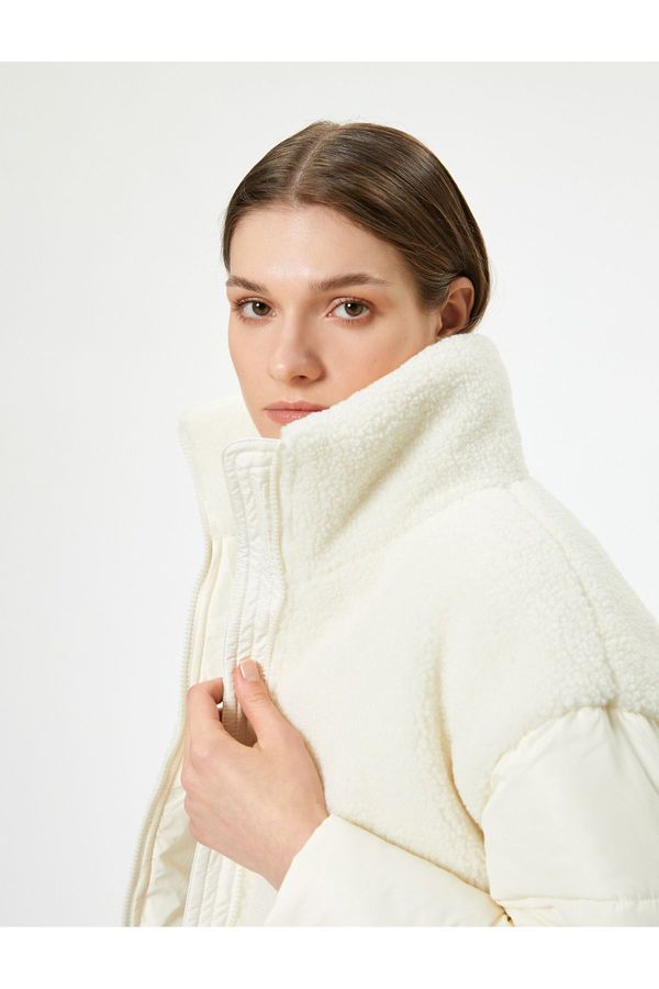 Koton Koton Puffer Jacket Plush Detail Stand Collar Zippered Pockets