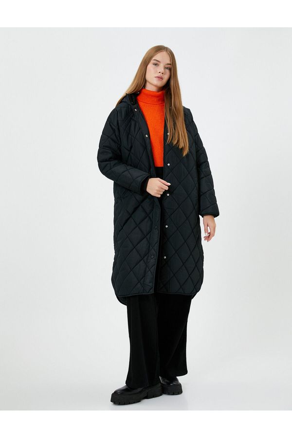 Koton Koton Quilted Long Coat Hooded With Pocket
