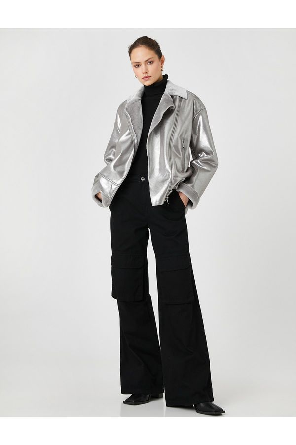 Koton Koton Rachel Araz X - Metallic Shiny Faux Leather Oversize Biker Jacket