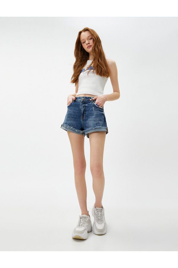 Koton Koton Ripped Denim Shorts Pocket Detailed Buttoned