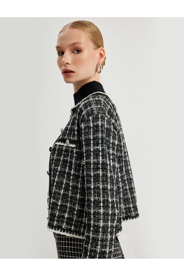 Koton Koton Round Neck Buttoned Pocket Long Sleeve Tweed Cardigan