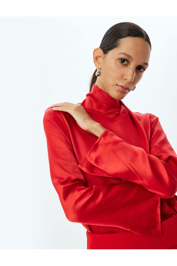 Koton Koton Satin Blouse Asymmetric Stand Collar Draped Detail Long Sleeve