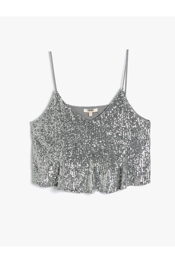 Koton Koton Sequin Sequined Crop Top Thin Strap Flowy