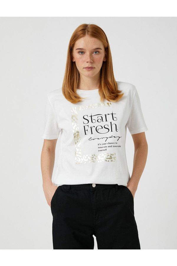 Koton Koton Shiny Text Printed T-Shirt Short Sleeve Cotton
