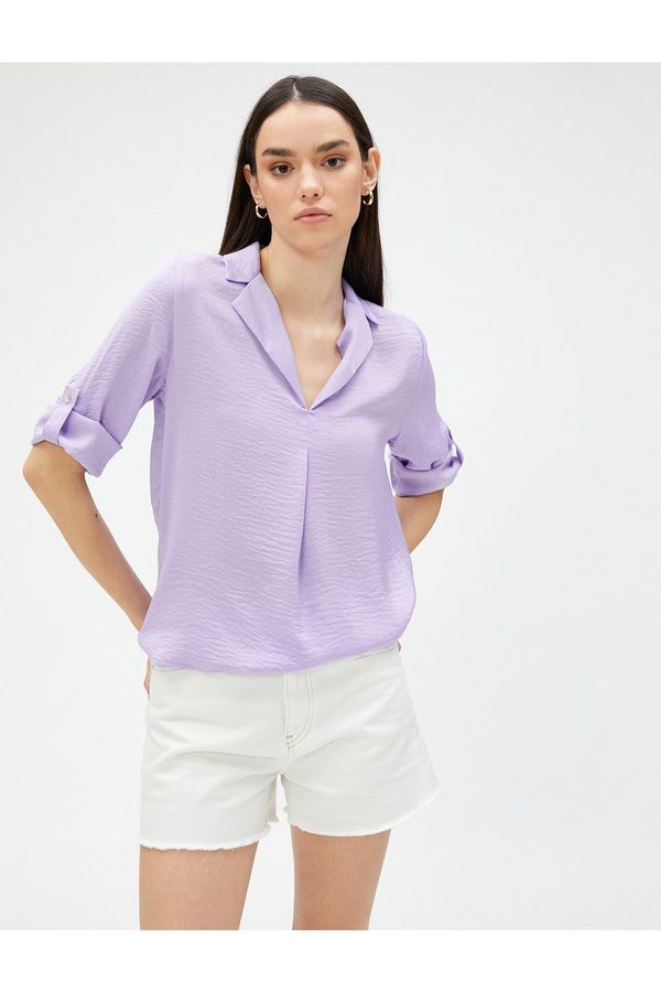 Koton Koton Shirt Collar Blouse with Folded Sleeves Detailed