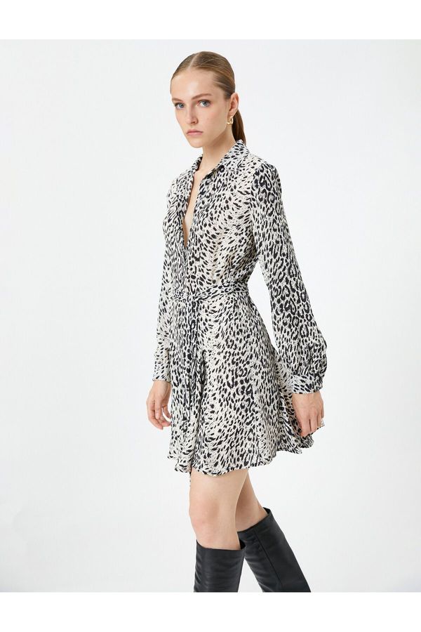 Koton Koton Shirt Dress Mini Leopard Patterned Belted Flare