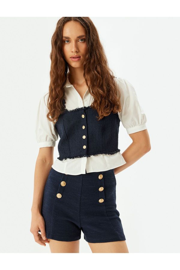 Koton Koton Short Balloon Sleeve Crop Shirt with Tweed Detail