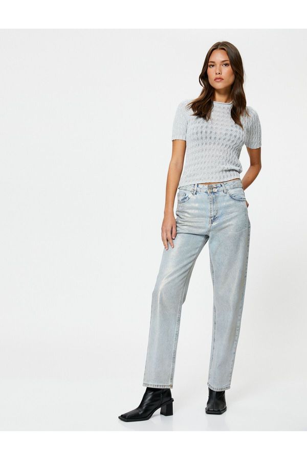 Koton Koton Short Sleeve Sweater Silvery Crew Neck Textured