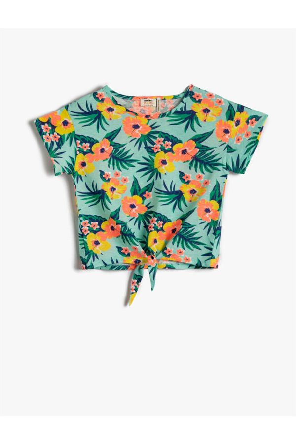 Koton Koton Short-Sleeved Floral T-Shirt with Tie Waist