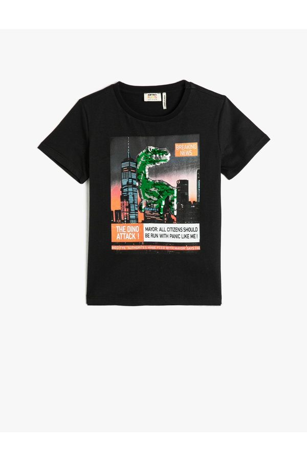 Koton Koton Short Sleeved T-Shirt Crew Neck Dinosaur Print Cotton