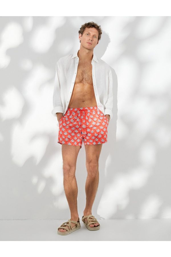 Koton Koton Short Swim Shorts with Palm Tree Print, Lace Waist and Pocket