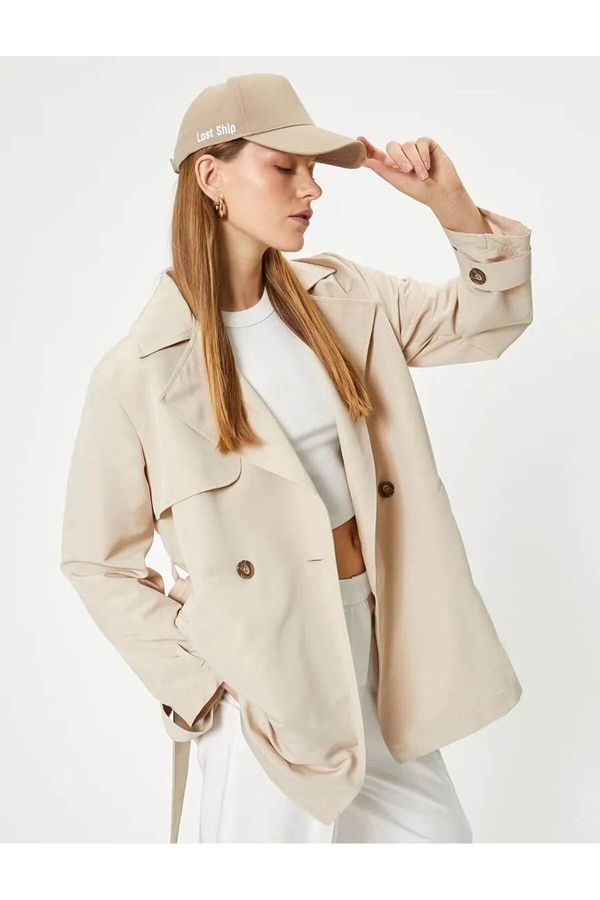 Koton Koton Short Trench Coat Reverse Double Breasted Collar Belt Detail Pockets Wind Flap