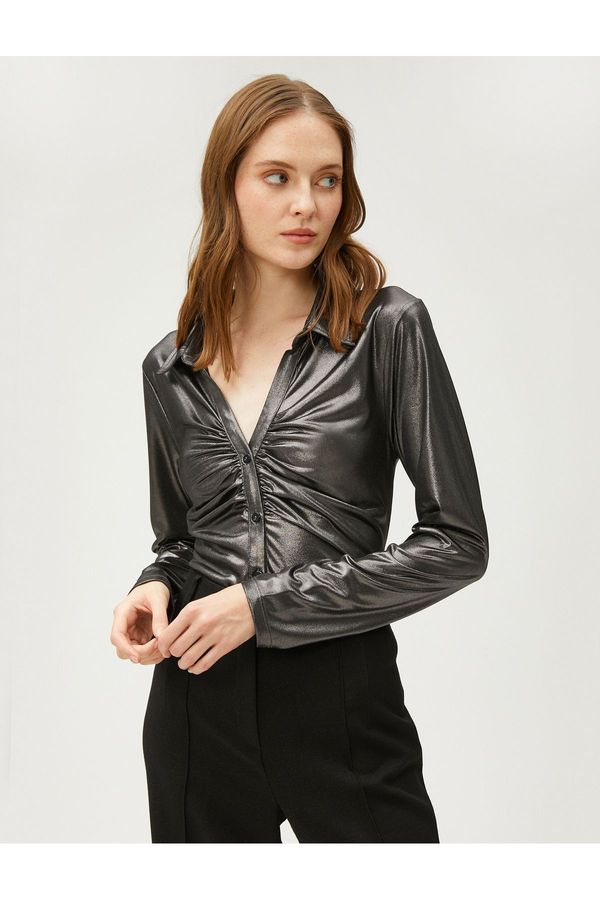 Koton Koton Silvery Metallic Shirt Draped Buttoned Long Sleeve