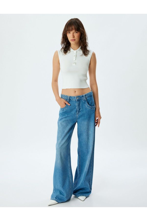 Koton Koton Sleeveless Buttoned Polo Collar Crop Knitwear Top