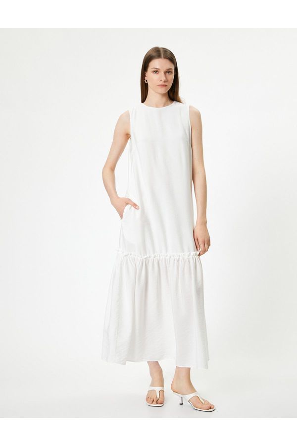 Koton Koton Sleeveless Viscose Long Dress, Lined, Ruffled Hem, Crew Neck