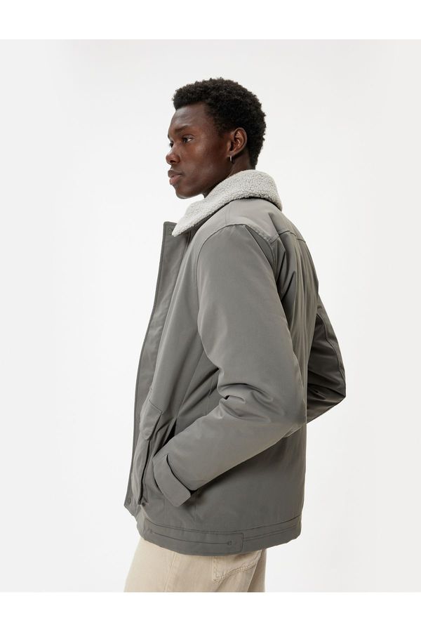 Koton Koton Slim Fit Jacket Plush Collar Detailed Zippered