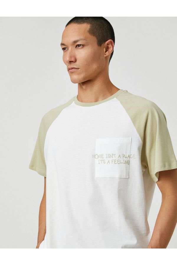 Koton Koton Slogan Embroidered T-Shirt with Raglan Sleeve and Crew Neck Pocket Detail