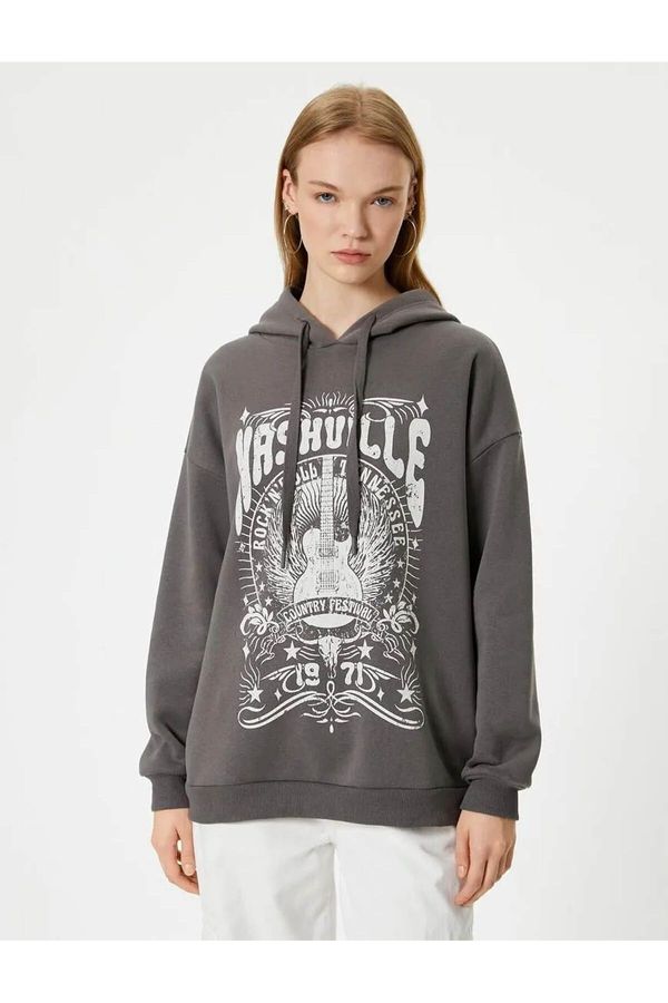 Koton Koton Slogan Printed Hooded Sweatshirt Relax Fit Raised