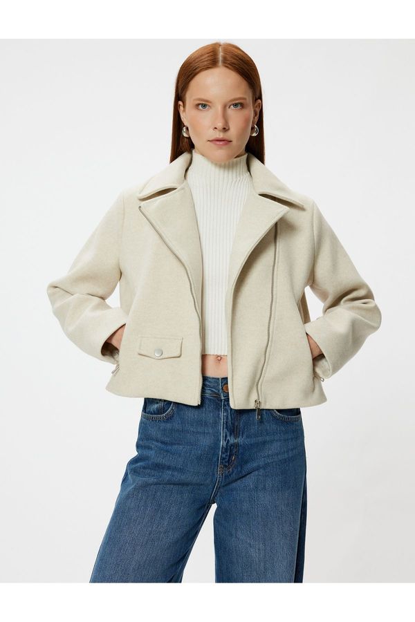 Koton Koton Soft Texture Short Biker Jacket with Zippered Pockets