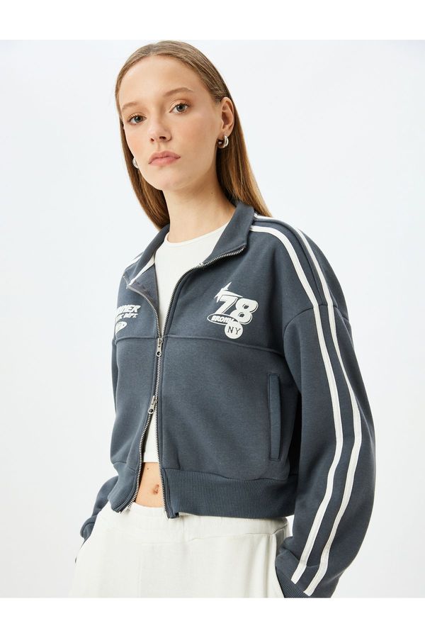 Koton Koton Stand Collar Zippered Pocket Detailed Piping Crop College Sweatshirt