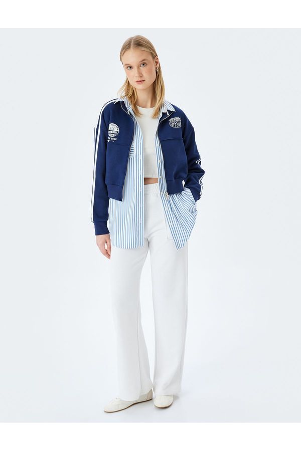 Koton Koton Stand Collar Zippered Pocket Detailed Piping Crop College Sweatshirt