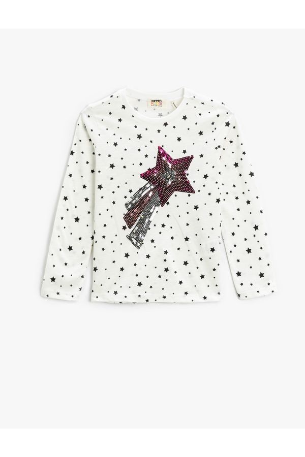 Koton Koton Stars Embroidered Sequins T-Shirt Long Sleeved Crew Neck Cotton.