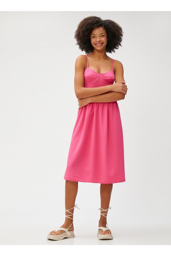 Koton Koton Strapless Collar Plain Pink Midi Women's Dress