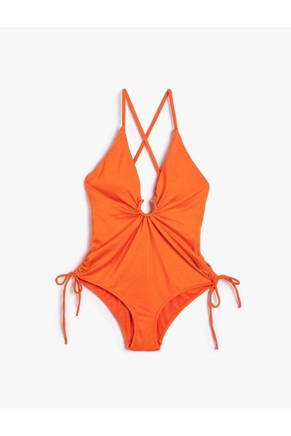 Koton Koton Strappy Swimsuit V Neck Gathered Sides Metal Accessories