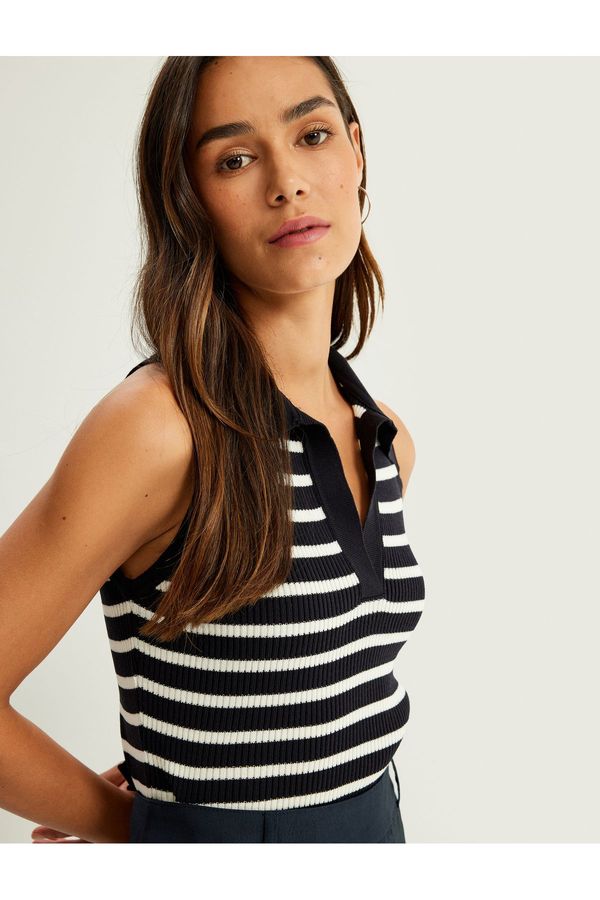 Koton Koton Striped Ribbed Knitwear Sleeveless Polo Collar Sweater