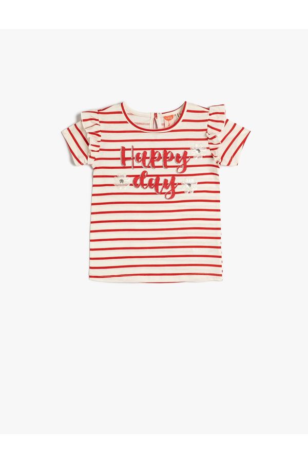Koton Koton Striped T-Shirt Short Sleeve Cotton T-Shirt With Ruffle Sequins Embroidered