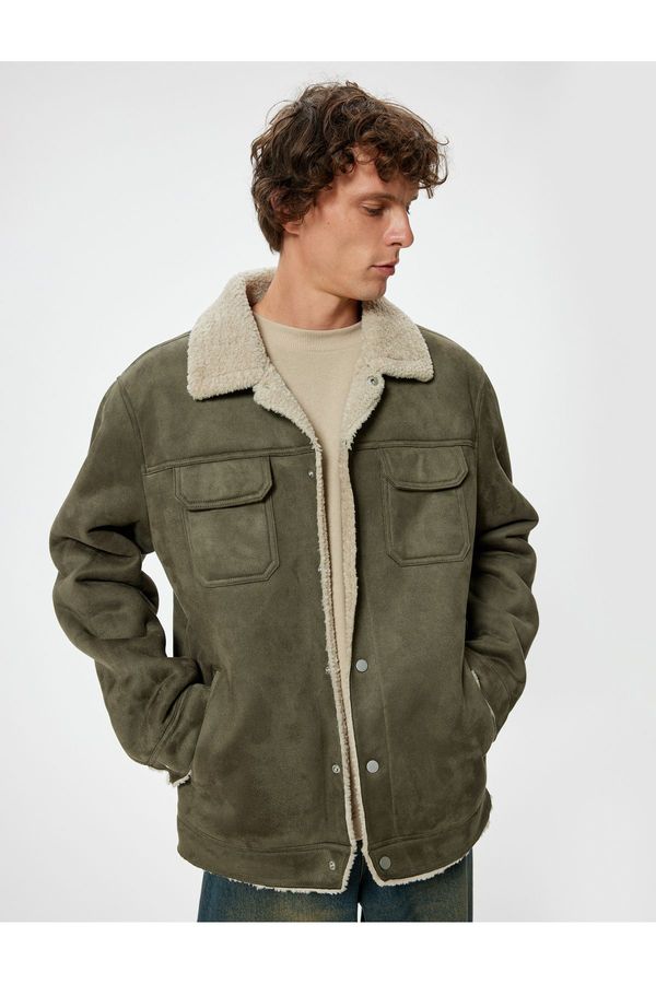 Koton Koton Suede Look Jacket Slim Fit Plush Detail Shirt Collar