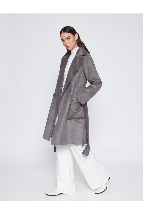 Koton Koton Suede Look Long Coat Belted Wide Reverse Collar With Pocket