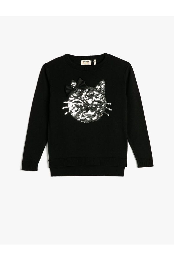 Koton Koton Sweater Round Collar Cat Sequin Embroidered