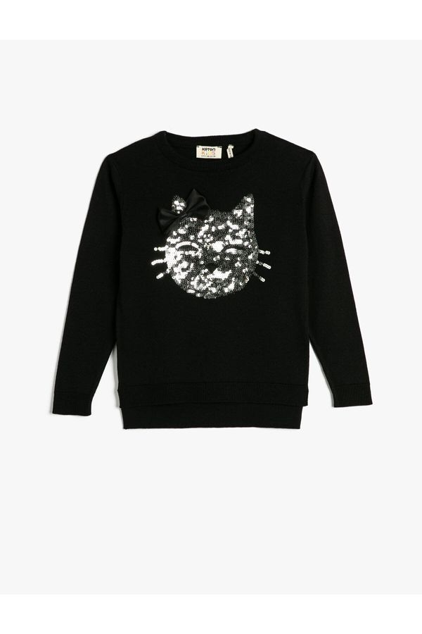 Koton Koton Sweater Round Neck Cat Embroidered Sequins