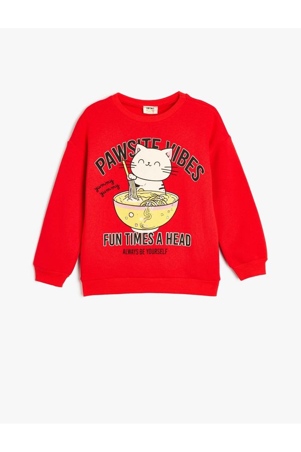 Koton Koton Sweatshirt Crew Neck Cat Printed