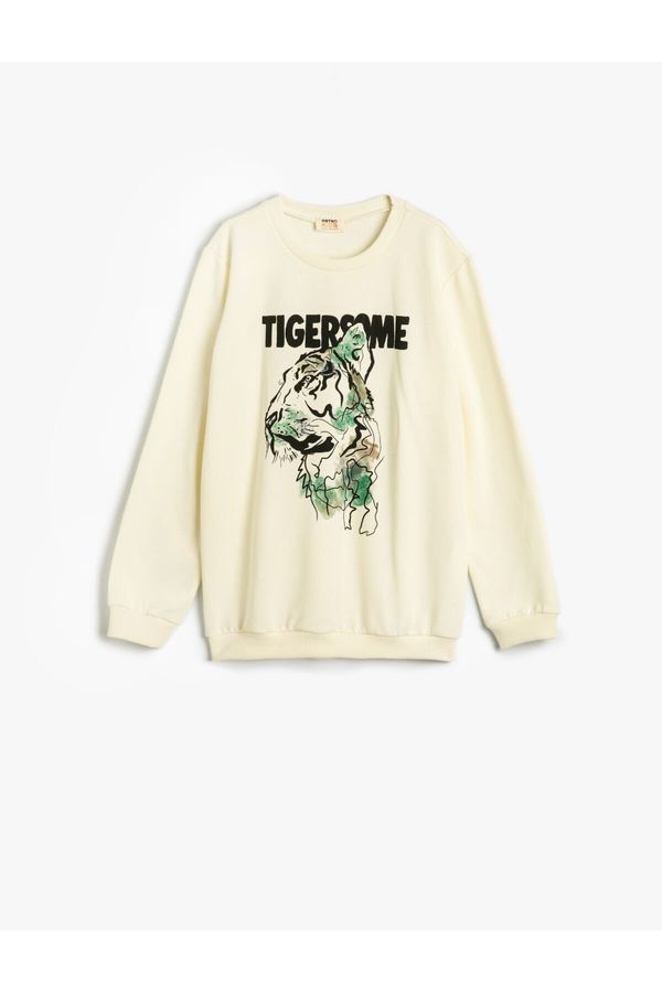 Koton Koton Sweatshirt Crew Neck Tiger Printed Long Sleeve Raised